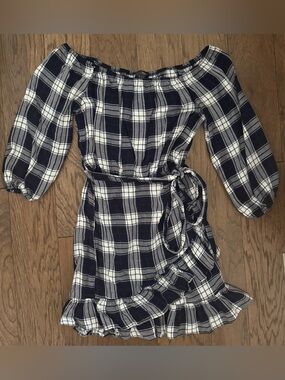 Aqua Navy and White One-Shoulder Plaid Dress